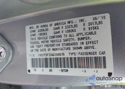 2010 Honda Accord 2.4 Lx from USA, damaged, VIN 1HGCP2F33AA169576